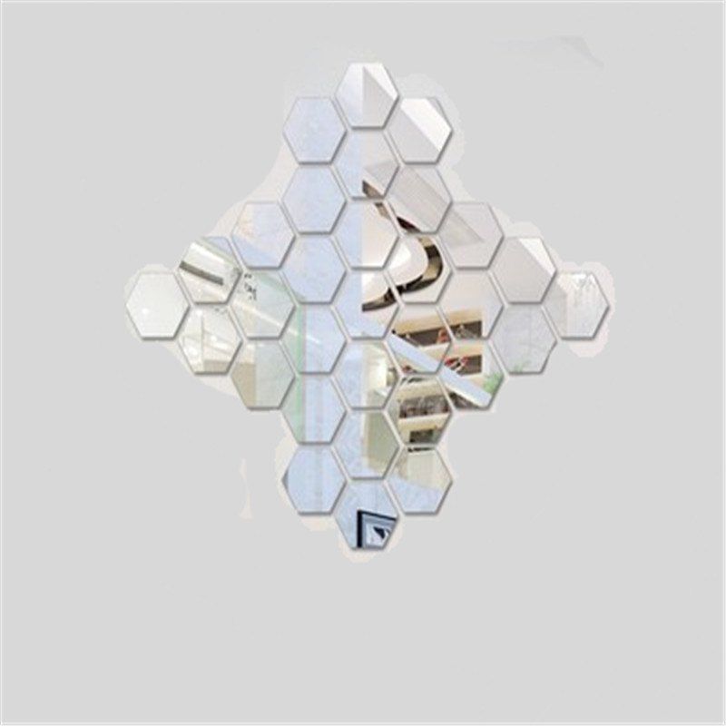 Silver 8x7cm Hexagonal Mirror Wall Sticker Background Walls Hexagonal Mirror Wall Sticker Background Walls Decorated Crystal Mirrors Three Dimensional Honeycomb Style