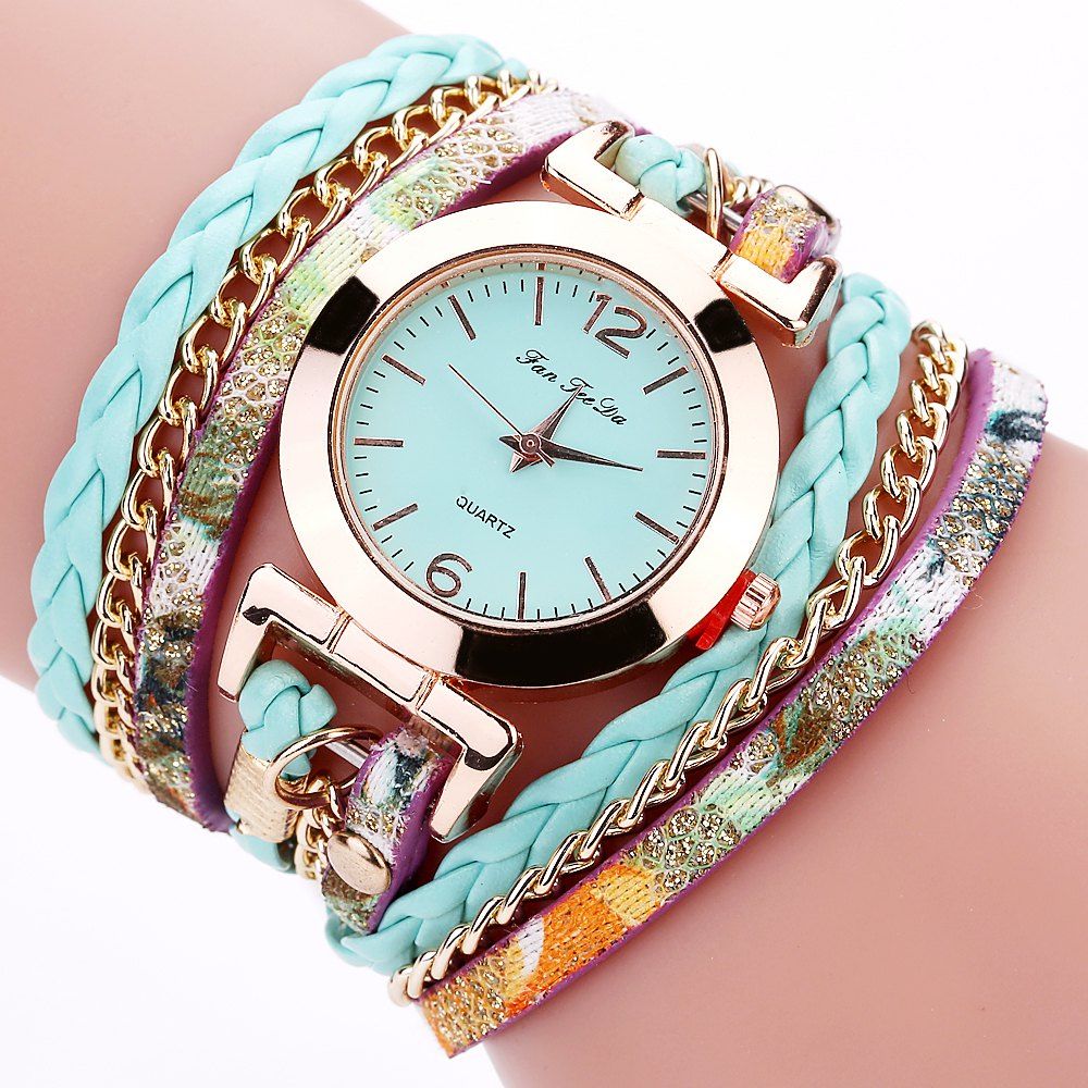 

Fanteeda FD092 Women Wrap Around Leather Wrist Watch with Chain, Skyblue