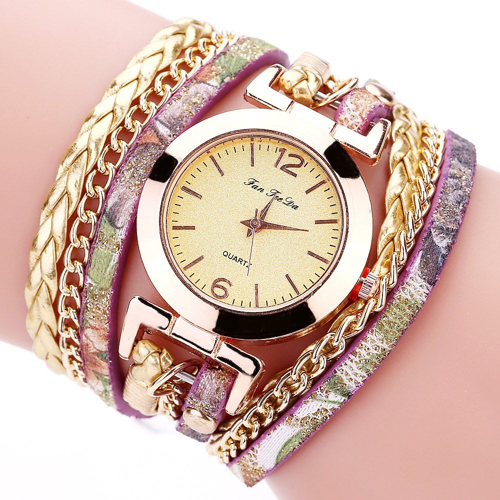 

Fanteeda FD092 Women Wrap Around Leather Wrist Watch with Chain, Gold