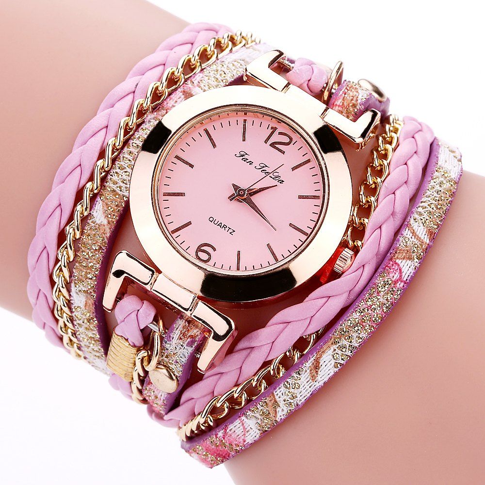 

Fanteeda FD092 Women Wrap Around Leather Wrist Watch with Chain, Pink
