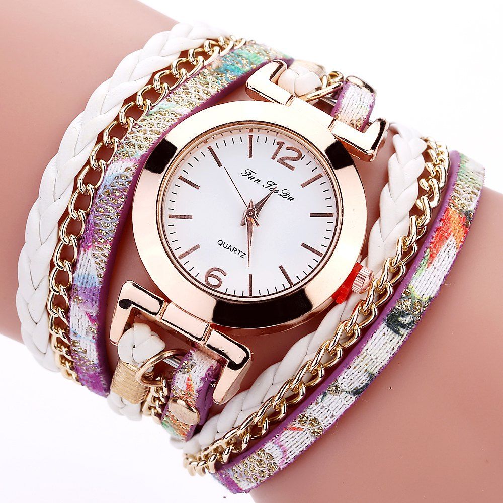 

Fanteeda FD092 Women Wrap Around Leather Wrist Watch with Chain, White