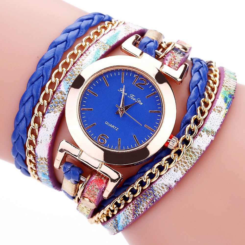 

Fanteeda FD092 Women Wrap Around Leather Wrist Watch with Chain, Blue