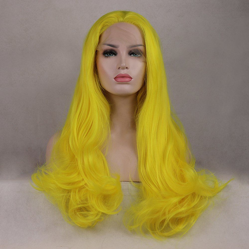 [28 OFF] Light Yellow Long Curly Wavy Heat Resistant Synthetic Hair Lace Front Wigs For Women