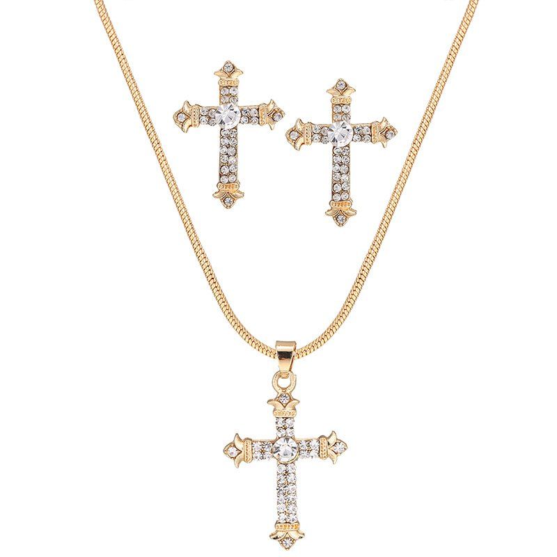 

Cross Pendant Rhinestone Necklace Set, Golden