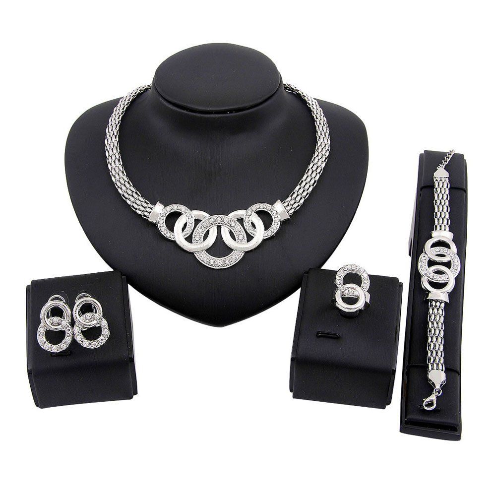 

Gold-Plated Four-Piece Fashion Necklace Earrings, Silver