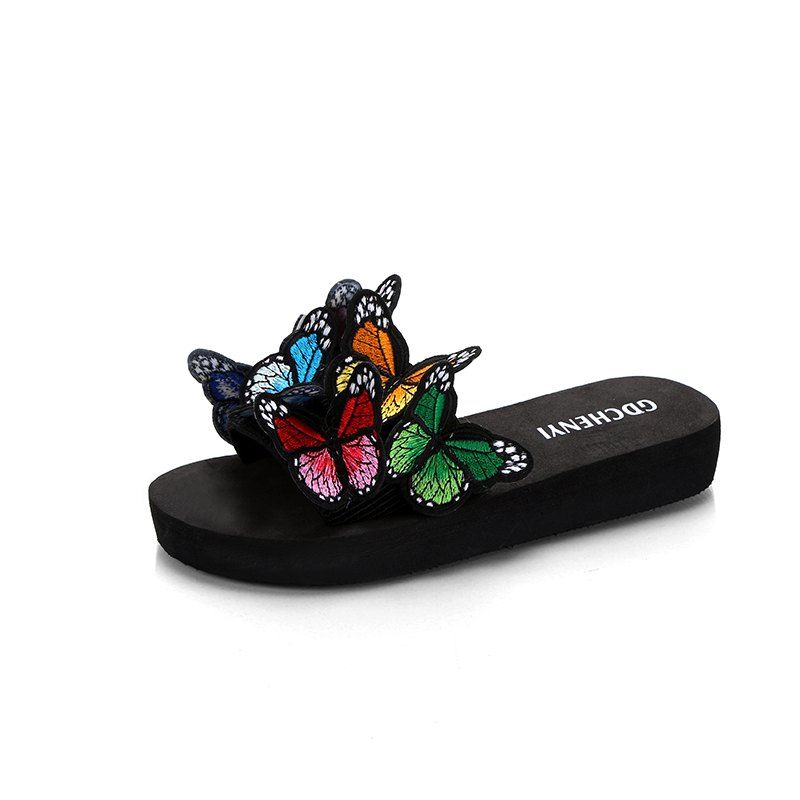 

Women's Slippers Peep-Toe Comfy Casual Flat Colorful Butterfly Decor Chic shoes, Black