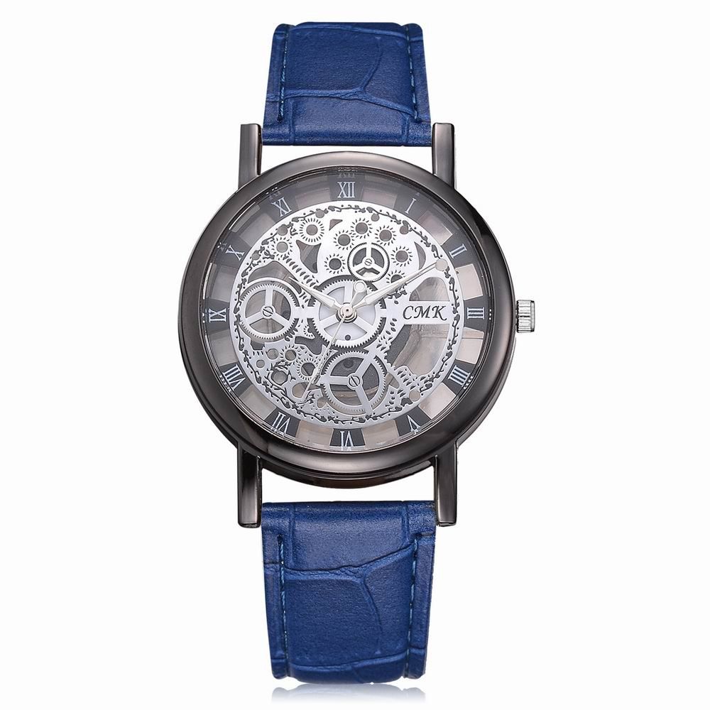 

J001 Men Engraving Hollow Leather Band Quartz Dress Watch, Blueberry blue