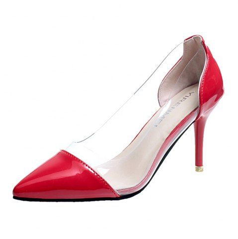 High Heels Pointy Head Transparent Stitching Women's Shoes - Red