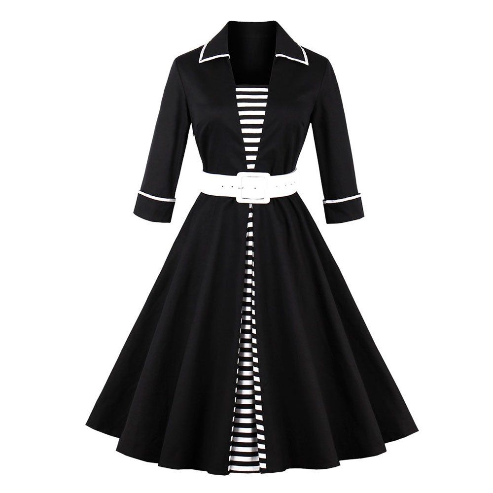 

Plus Size Stripe Joining Together Vintage Dress, Black