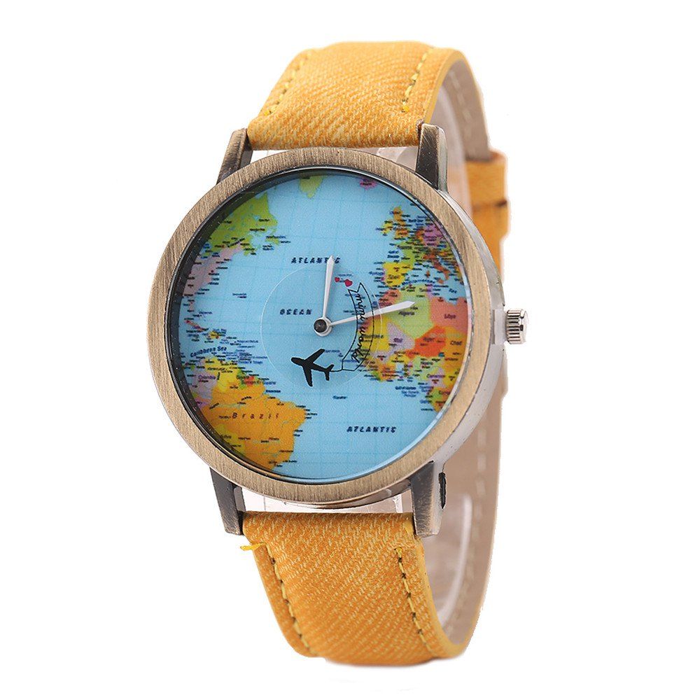 

XR1105 Men Simple Vintage Jean Canvas with PU Band Map Watch, Yellow