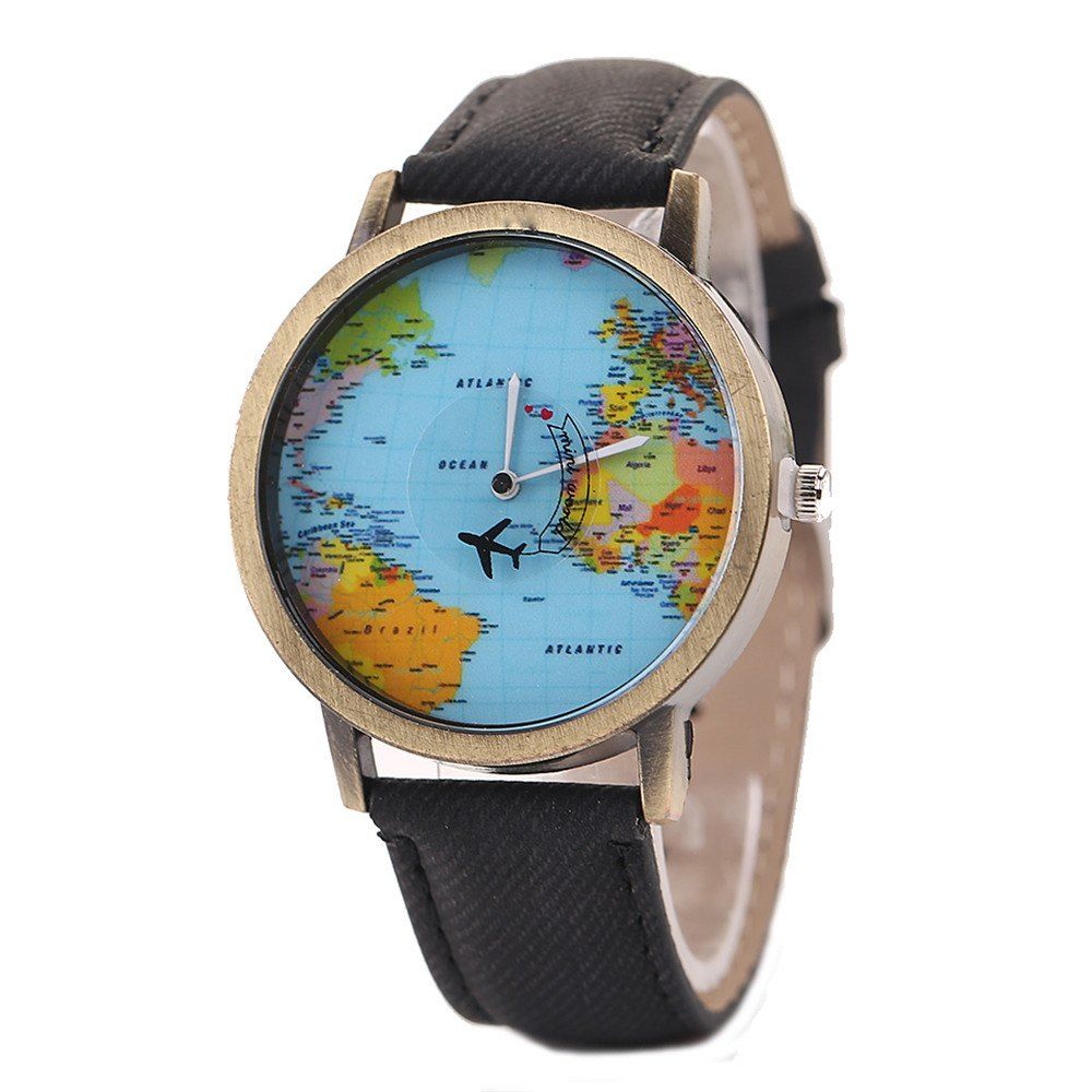 

XR1105 Men Simple Vintage Jean Canvas with PU Band Map Watch, Black
