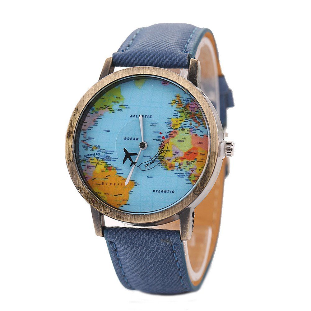 

XR1105 Men Simple Vintage Jean Canvas with PU Band Map Watch, Blue