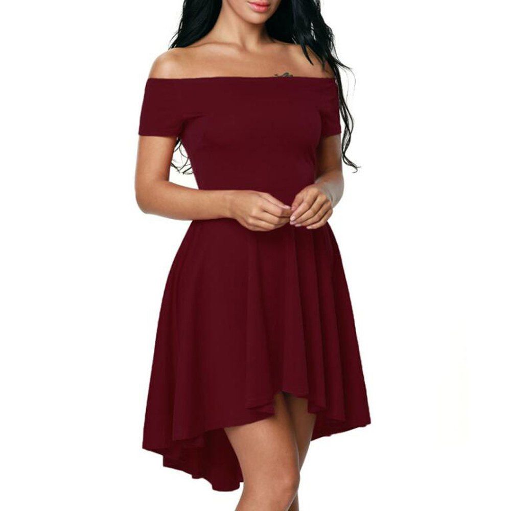 

Solid Color A-line Collar Short Sleeve Dress, Red wine