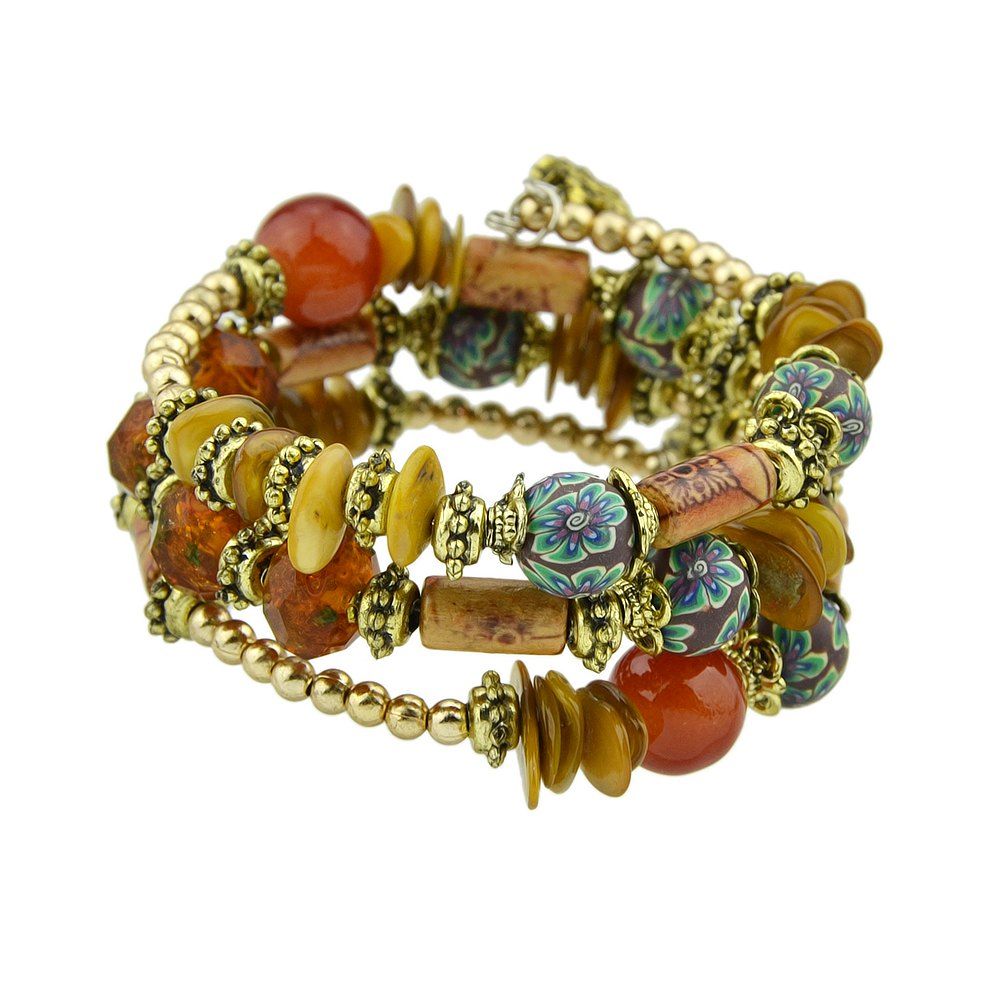 

Antique Gold Color with Wood Colorful Beads Bracelet, Red