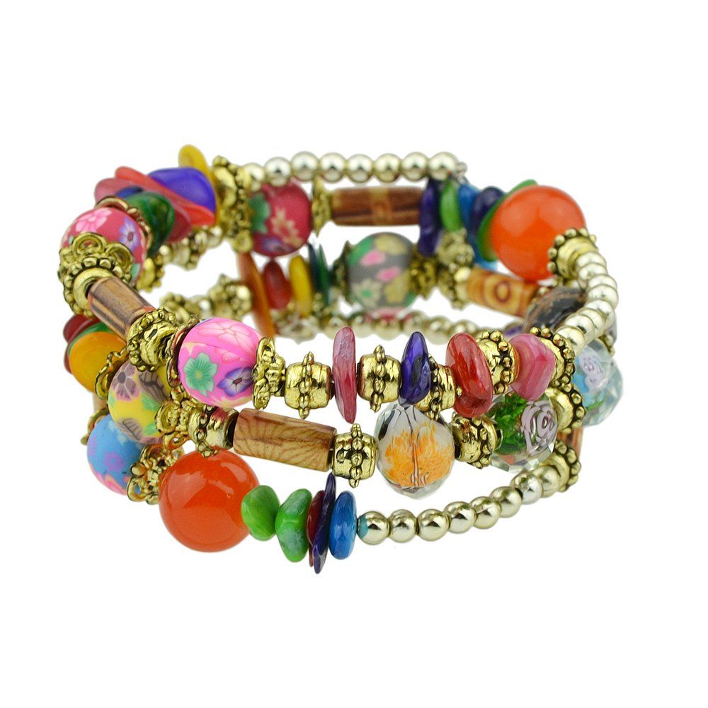 

Antique Gold Color with Wood Colorful Beads Bracelet, Three sand camouflage