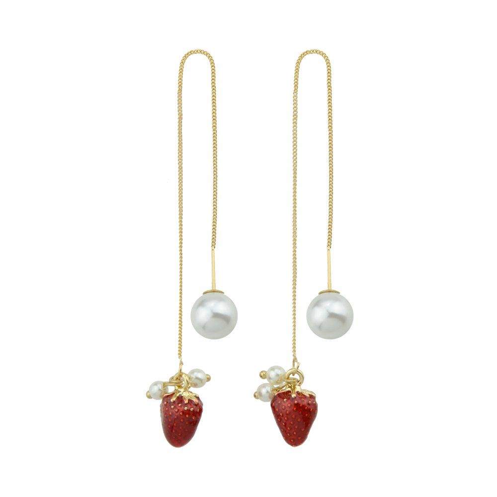 

Long Chain With Simulated-pearl Strawberry Shape Drop Earrings, Red