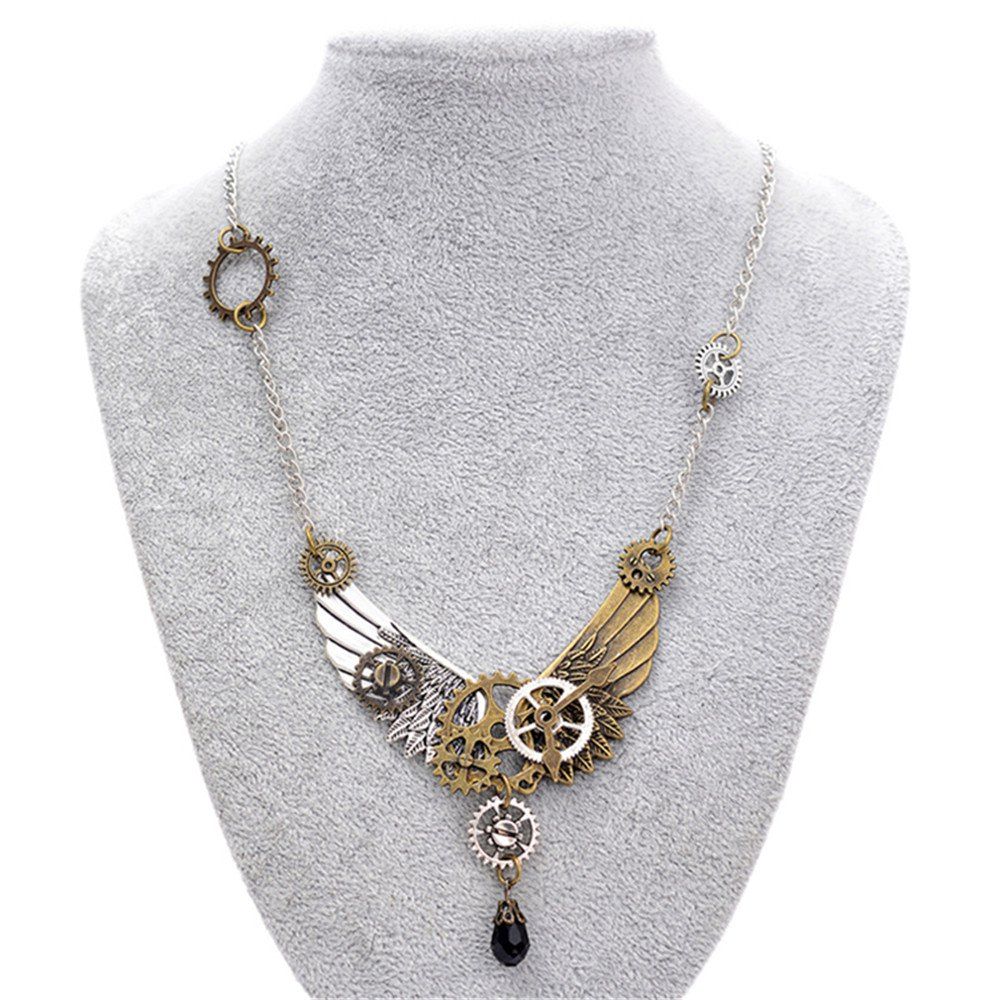 

European and American Trade Jewelry Steampunk Gear Wings Pendant Necklace, Multi