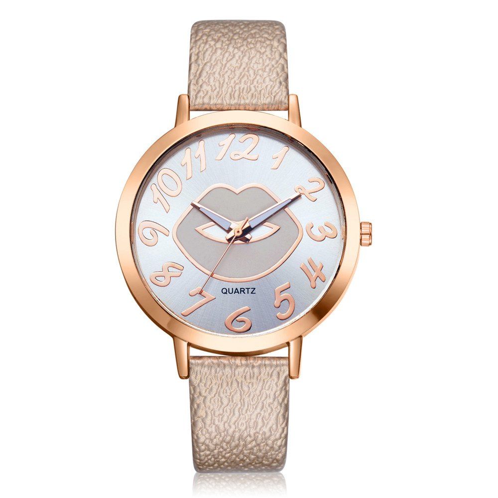 

XR2513 Women's Arabic Numerals Analog Quartz Leather Watch with Lips Dial, Gold