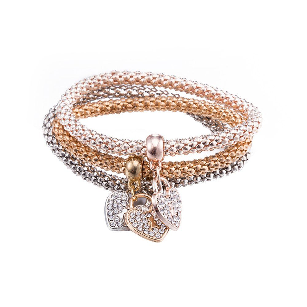 

3PCS Heart Lock Shape Pattern Chain and Link Bracelet, Multi