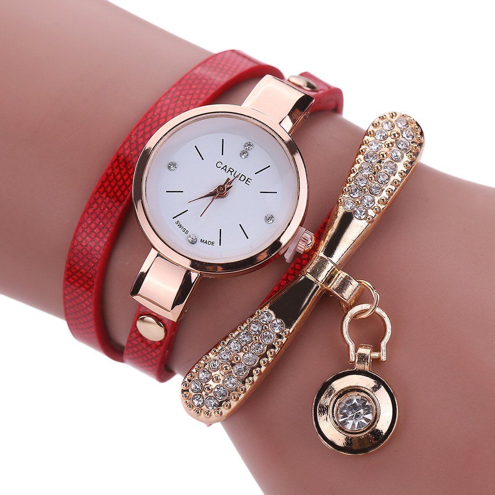 

New Lady Fashion Watch Leather Water Drill Quartz Chain Watch, Red