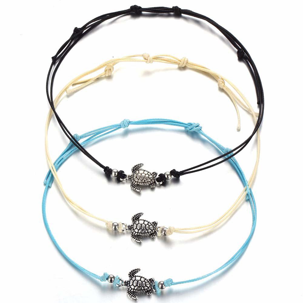 

Ancient Silver Three - Colored Wax Rope Turtle Beach Chain Bracelet, Multi