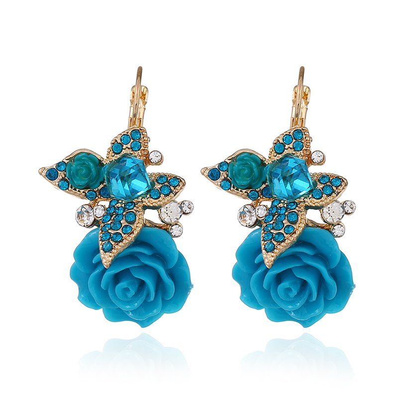 

Butterfly Flower Personality National Wind Rose Earrings, Blue diamond