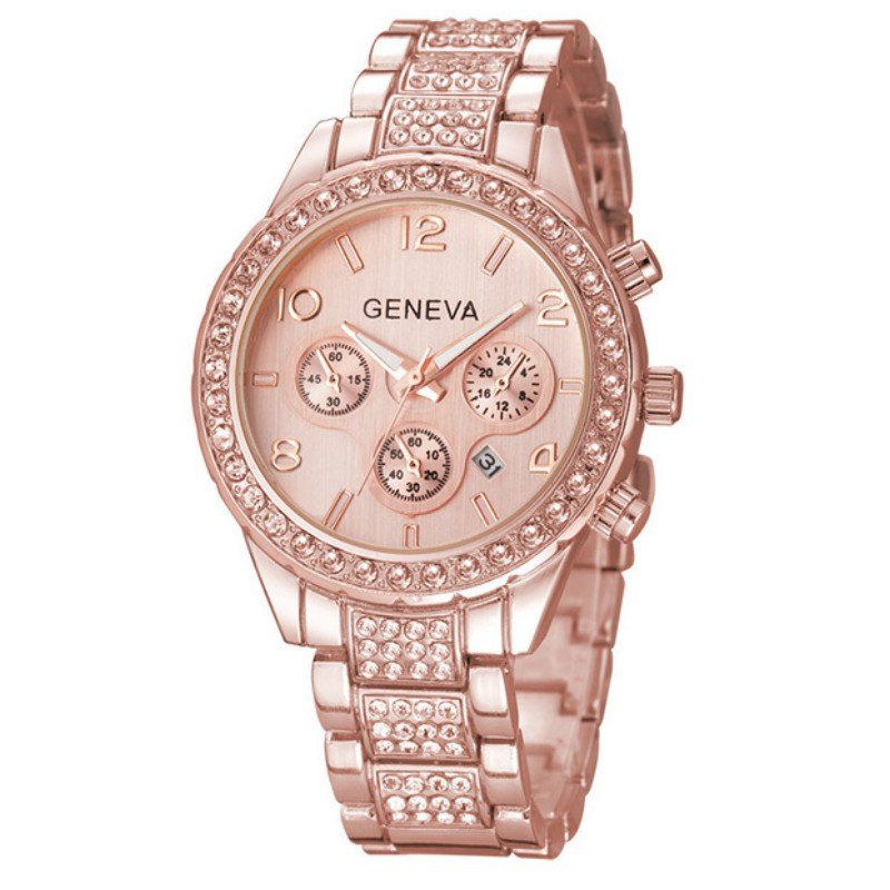 

Fashion Lady Business Steel Belt Quartz Three Sub Dial Watch, Rose gold
