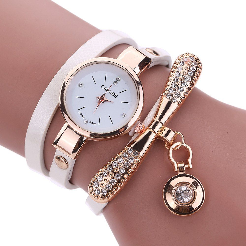 

Women Leather Rhinestone Analog Quartz Wrist Harajuku Watches Bracelet, White