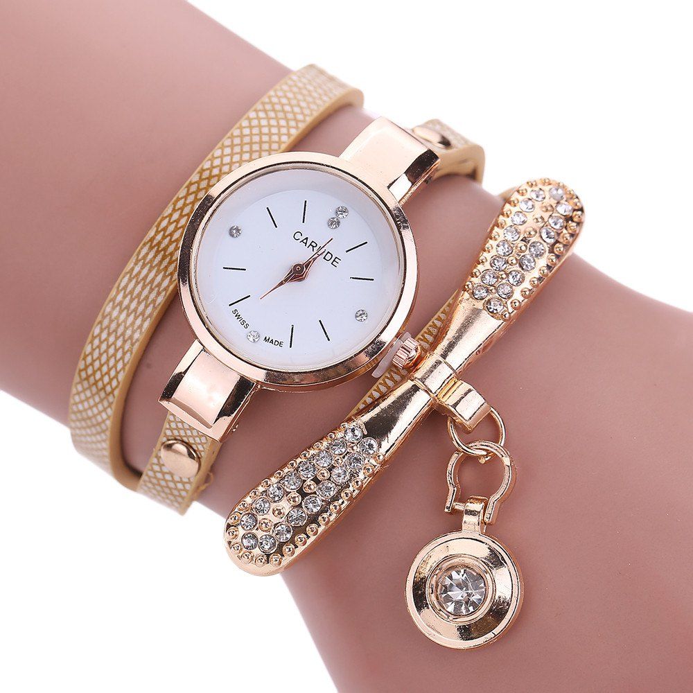 

Women Leather Rhinestone Analog Quartz Wrist Harajuku Watches Bracelet, Gold