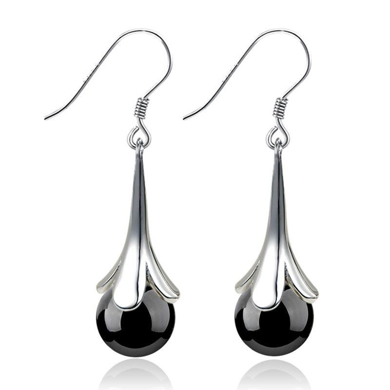 

Agate Stone Plated Silver Long Tassel Wedding Flowers Drop Earrings for Women, Black