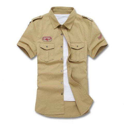 [41% OFF] Men's Military Pocket Epaulet Short Sleeve Cotton Shirt | Rosegal