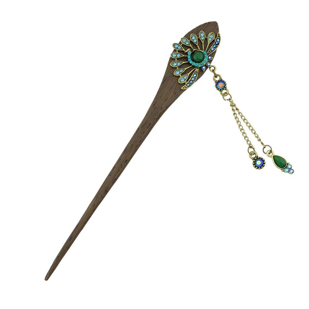 

Colorful Rhinestone Peacock Shape Wood Hair Stick, Blue