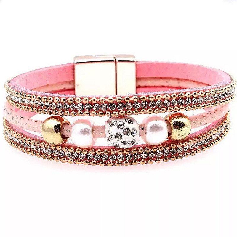 

Hot Sell Euramerican Multilevel Suede Leather Magnetic Auger Bracelet, Pink