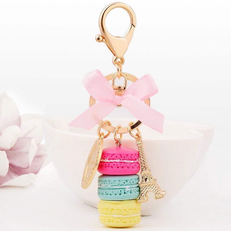 

Macaron Cake Eiffel Tower Keychain Bowknot Car Keyring Bag Purse Pendant, Rose red