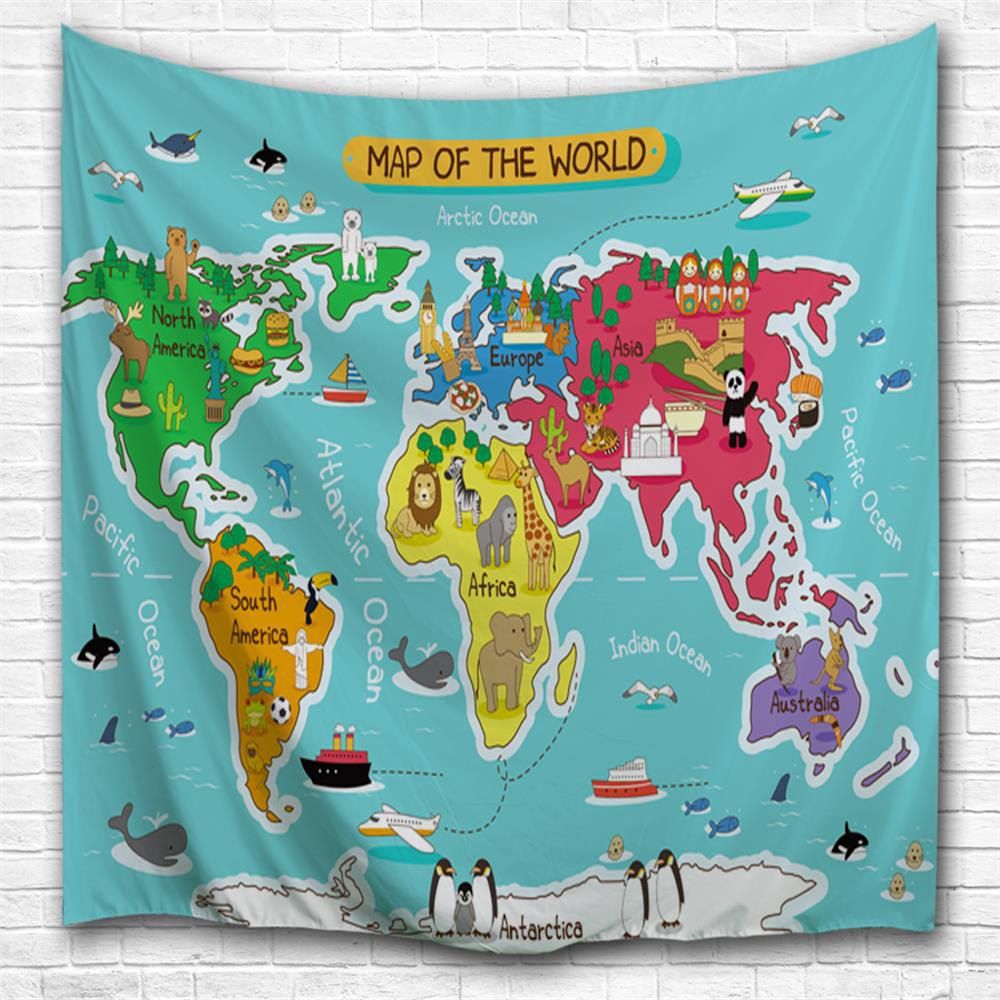 

Cartoon World Map 3D Printing Home Wall Hanging Tapestry for Decoration, Multi-a