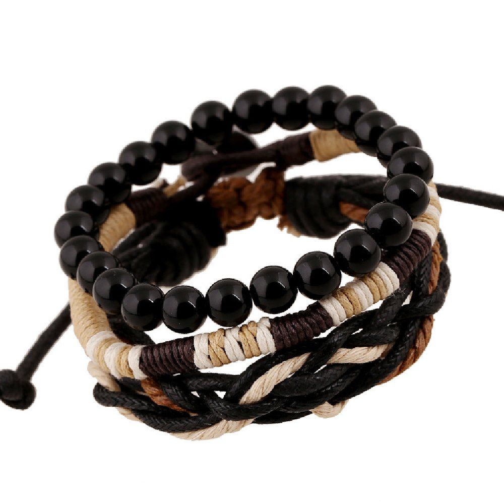 

YEDUO 3PCS Multi-layer Weave Rope Cuff Beads PU Leather Bracelet, Brown