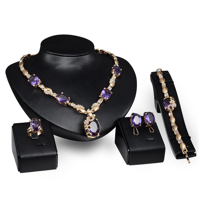 

Fashion Women Jewelry Sets Bride Wedding Party Diamon Necklace Earring, Purple