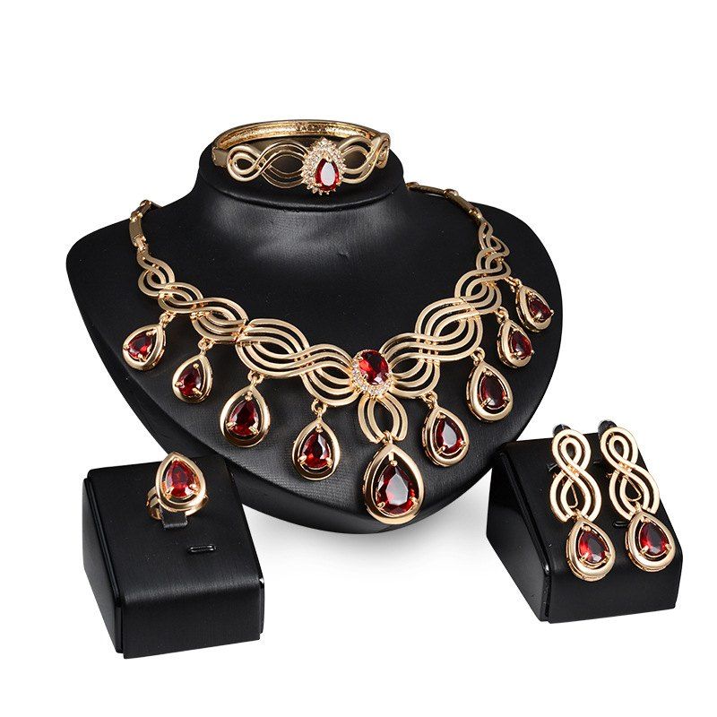 

Fashion Women Big Diamond Multi Strand Chunky Evening Jewelry Set, Ruby red