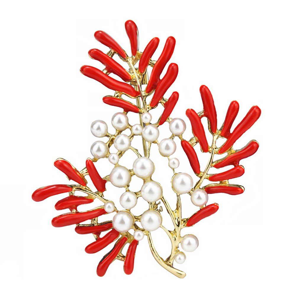 

PULATU Simulate-Pearl Coral Flower Brooch for Women B1L4-7, Red