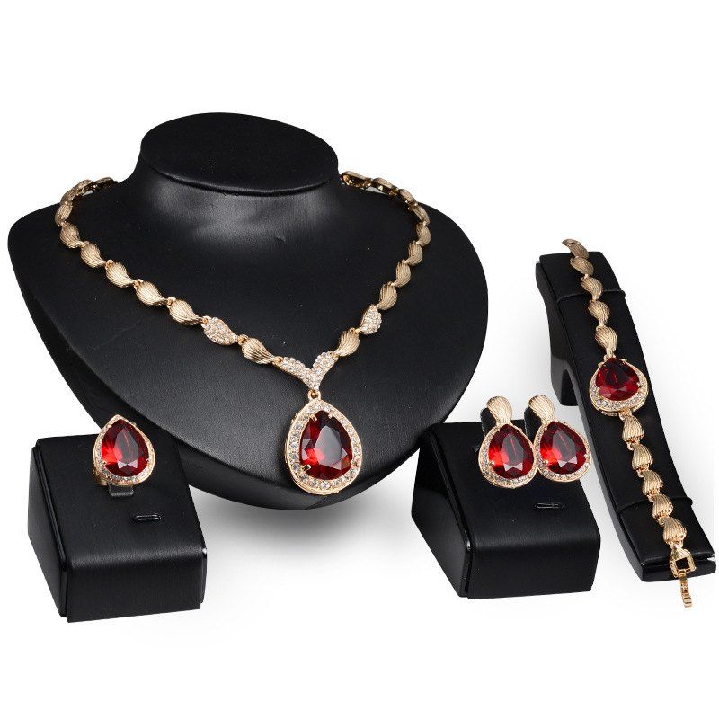 

Waterdrop Shape Pendant Necklace Earrings Fashion Jewelry Sets Gifts, Ruby red