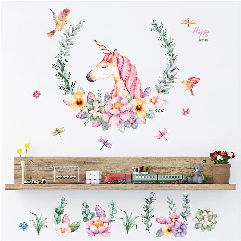 

Cartoon Unicorn Petal Birds Stickers Animal Bedroom Wall Paper, Multi-a