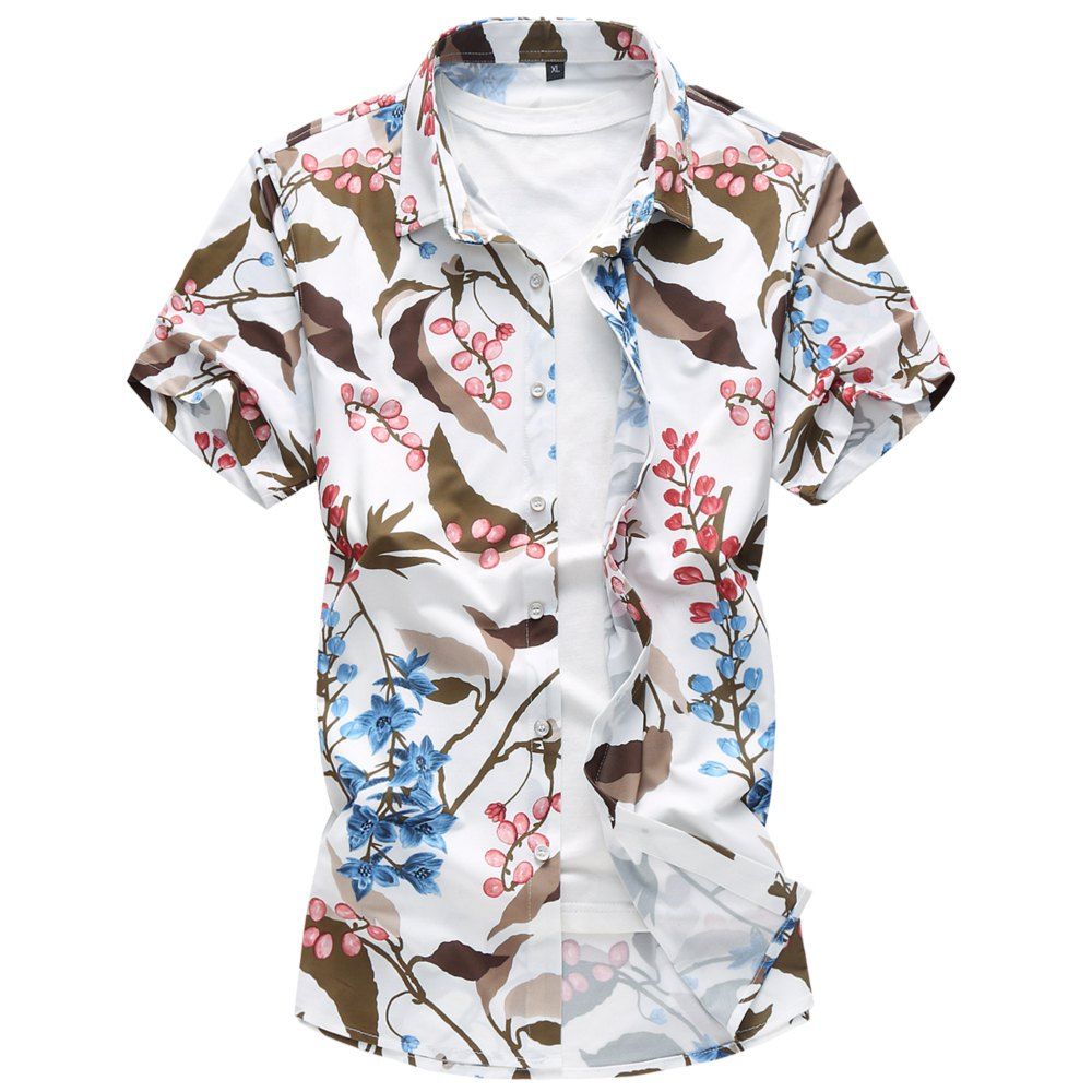 

Men's Short-Sleeved Shirts Broken Flowers Casual Large Shirts, White