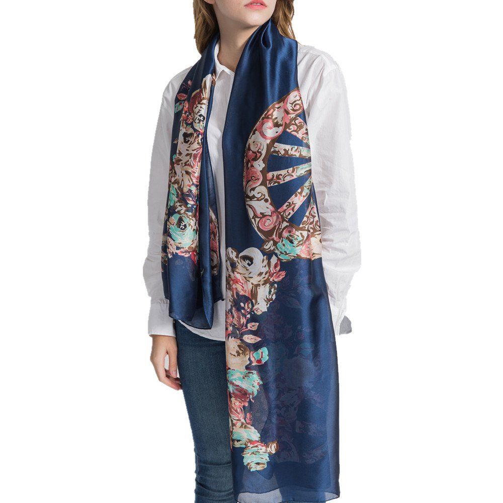 

F1003 Silk Scarf Gradient Colors Scarves Long Lightweight Sunscreen Shawls, Deep blue