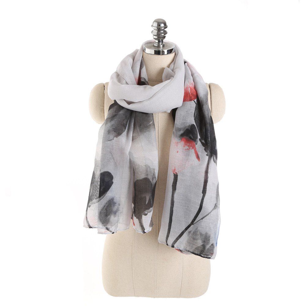 

W1053 Women Peony Flowers Scarf Fashion Lightweight Printe Scarves Shawl Wrap, Jet gray