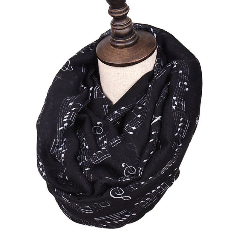 

Woman Fashion Musical Note Chiffon Scarves Women's Ring Scarf Shawl Long Stoles, Black