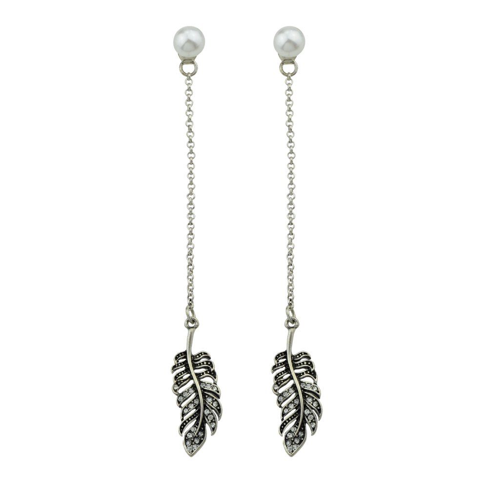 2018 Silver Color Long Chain Feather Dangle Earrings In Chic Silver Color Long Chain Feather Dangle Earrings