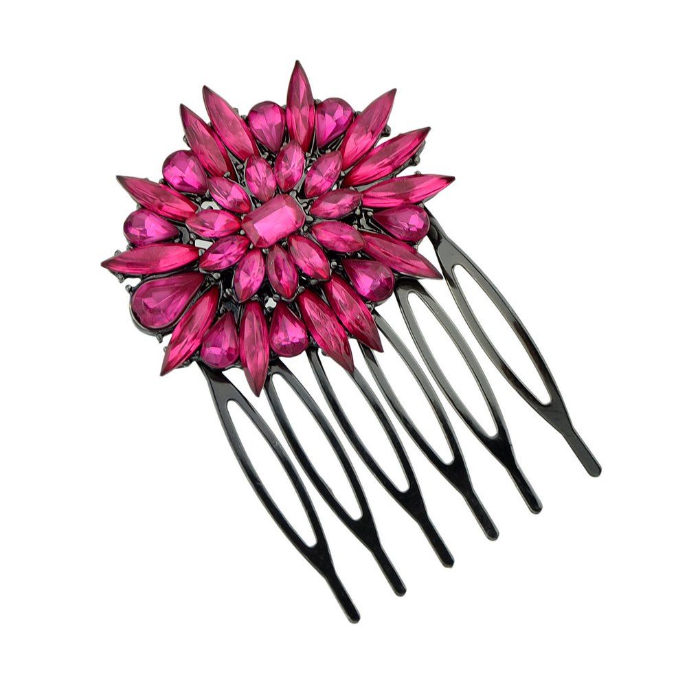 

Black Color Leaf Hair Combs with Hotpink Rhinestone Flower, Rose red