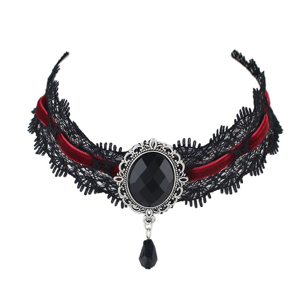 

Gothic Velvet Choker with Big Crystal Necklace, Black