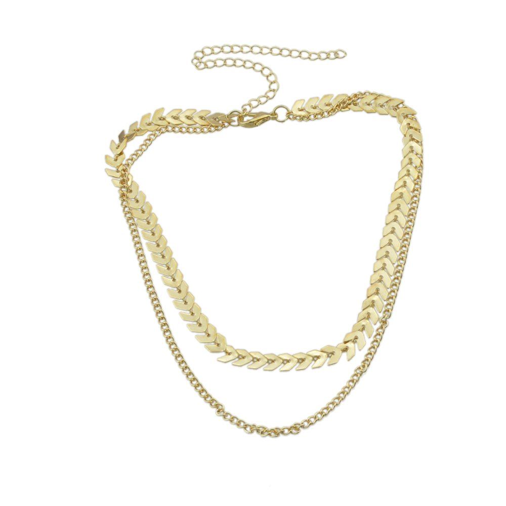

Multi Layer Chain with Fish Bone Short Necklace, Gold