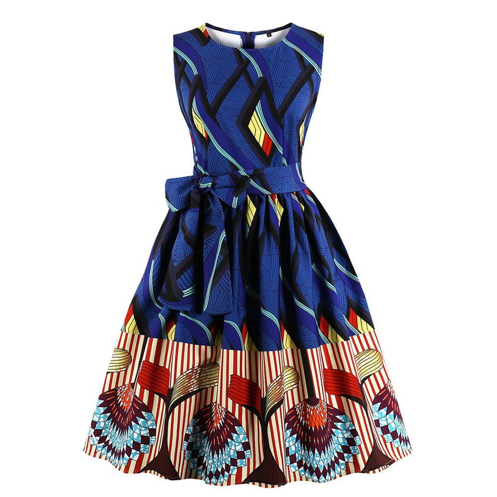 

Plus Size Round Collar Joining Together Contrast Color Dress, Blue